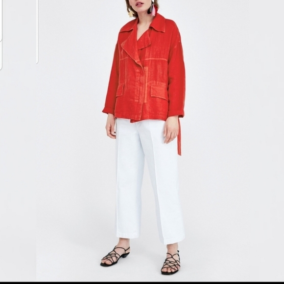 Zara light red belted linen jacket size Medium NWT - Picture 2 of 6